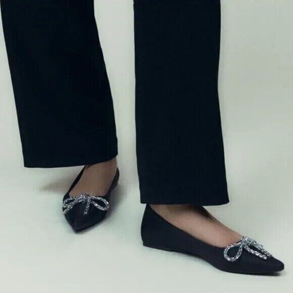ZARA Black Embellished Bow Flats NWT Size 7.5 - Picture 12 of 16